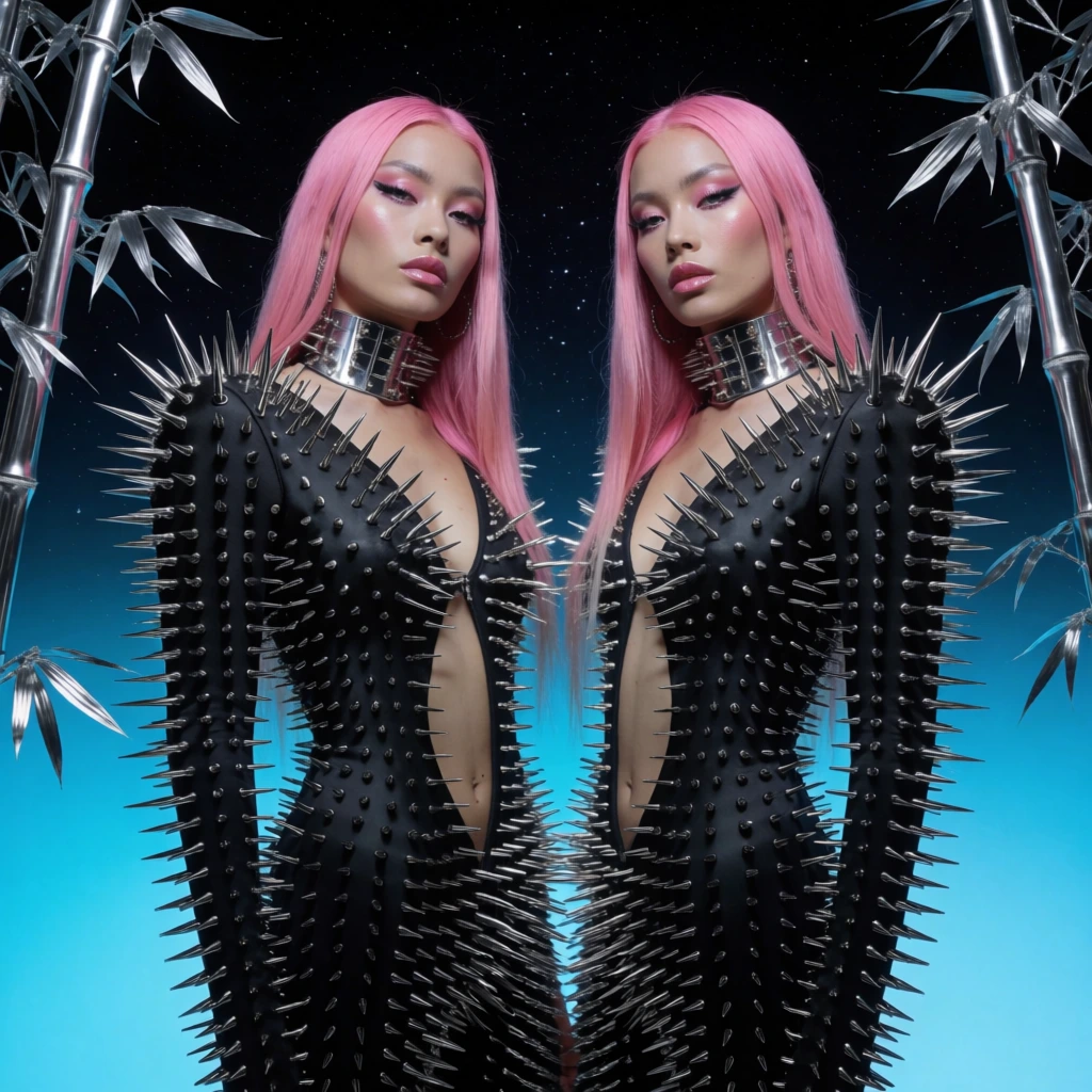 Two identical women with long pink hair stand against a dark starry background fading to a vivid cyan gradient. They wear futuristic structural black garments covered in sharp silver spikes, matching metallic chokers, and glossy makeup. Metallic silver bamboo stalks frame the left and right edges. Sleek studio lighting highlights the sharp hardware and bold cyberpunk color palette.