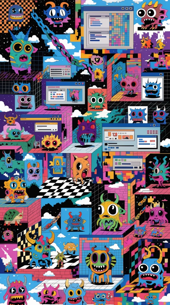 A hyper-detailed, maximalist digital collage teeming with layered retro-computer interface panels, isometric architecture, and bizarre cartoon creatures. Labyrinthine landscapes merge two-dimensional window frames with three-dimensional checkerboard rooms and brick walls. Countless stylized alien monsters with oversized expressive eyes and horns populate the fragmented environments alongside pixelated clouds, starry skies, heavy chains, and geometric grids. Flat vector graphics and pixel art textures combine in a vibrant, highly saturated palette of neon cyan, magenta, bright yellow, and deep black.