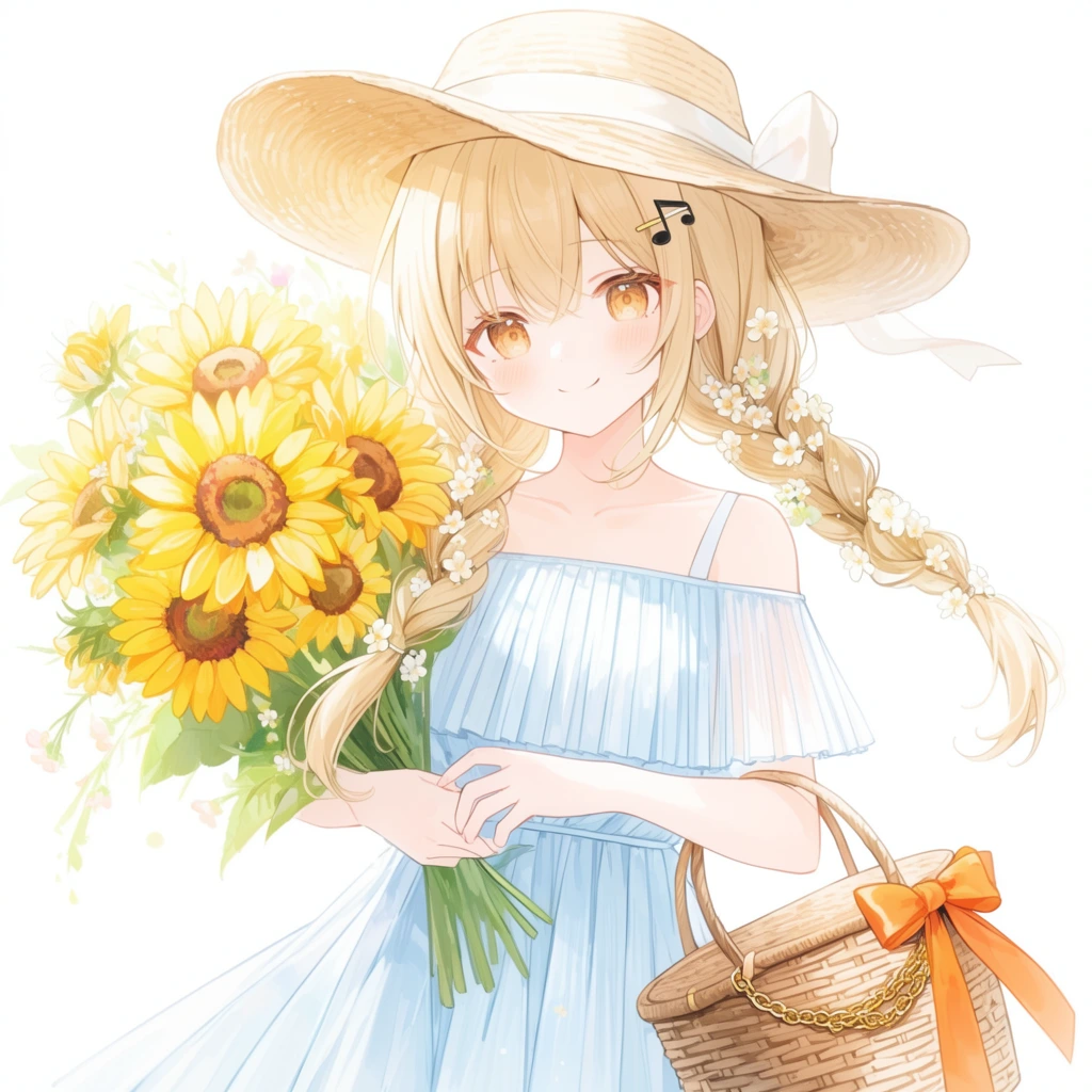 anime-style illustration of a smiling girl with blonde twin braids woven with tiny white flowers, warm amber eyes, soft blush, wearing a wide-brimmed straw hat with a white ribbon, pale blue off-the-shoulder pleated sundress, music note hair clip, holding a vibrant bouquet of yellow sunflowers, woven wicker basket adorned with an orange ribbon and gold chain, bright ethereal lighting, soft pastel color palette, delicate linework, pure white background