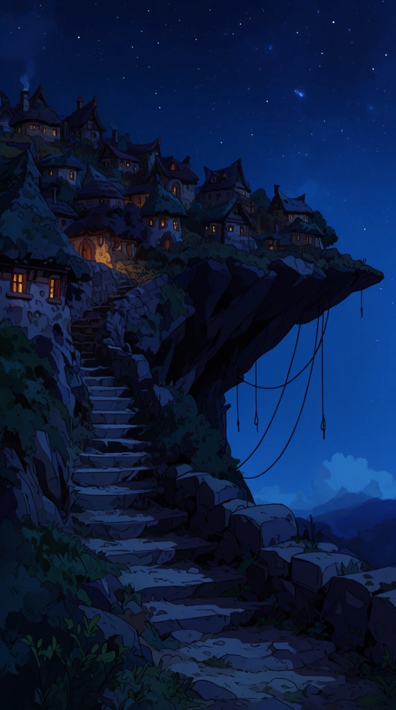 stylized 2D animation background, nighttime hillside village, warm glowing windows, jagged cliff overhang, carved stone stairs, hanging ropes, starry sky, deep blue tones