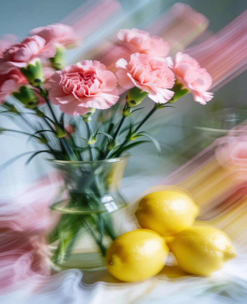 an impressionistic still life of a bouquet of pink carnations in a glass vase alongside three bright yellow lemons, captured using intentional camera movement and a long exposure to create dynamic diagonal motion blur streaks, ethereal painterly texture, soft-focus abstraction, hazy atmospheric light, palette of petal pink and verdant green with citrus yellow accents, kinetic energy, blurred silhouettes, layered transparent color washes, dreamy and fluid composition.