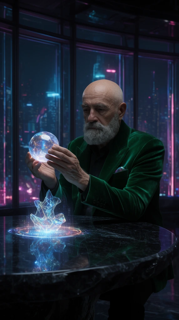 An older bald man with a grey beard in an emerald green velvet blazer sits at an obsidian table, examining a glowing crystalline sphere. A floating holographic sculpture illuminates the dark surface. Behind him, panoramic windows reveal a neon-lit futuristic cityscape in a cinematic scene with deep shadows and vibrant cyan and magenta rim lighting.