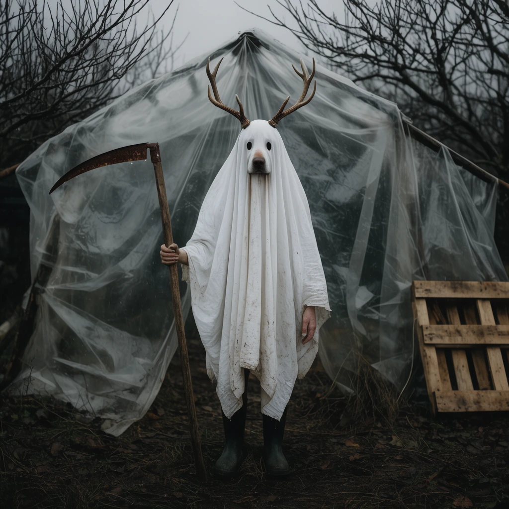 figure in white ghost sheet with deer antlers and dog snout, holding rusty scythe, dark rubber boots, makeshift clear plastic tent, bare branches, wooden pallet, eerie rural folk horror, overcast