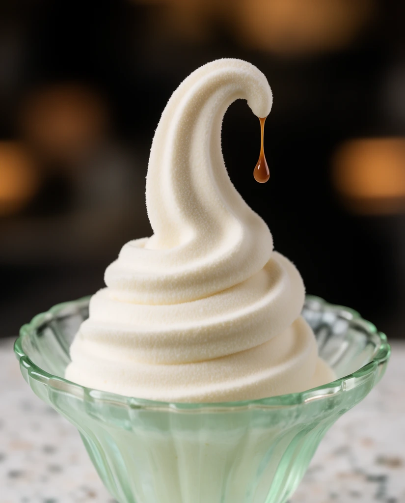 A velvety off-white swirl of soft-serve dessert sits in a translucent pale green fluted glass bowl. A perfect teardrop bead of brown caramel hangs suspended mid-air, dripping from the curled tip of the matte cream. The dish rests on a speckled surface against a blurred dark background with warm bokeh spots. Macro food photography with soft diffused lighting and shallow depth of field emphasizes the precise falling droplet and the uniquely powdery texture of the dessert.