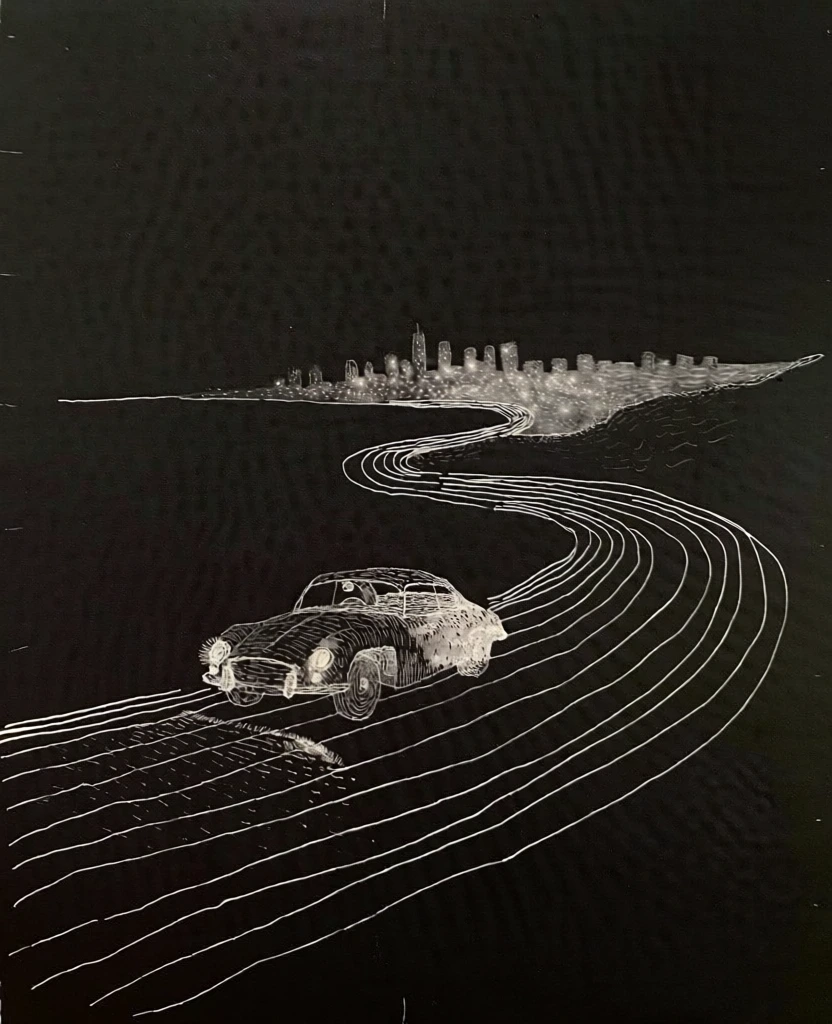 a vintage coupe driving along a winding coastal road overlooking a distant city skyline, rendered in a high-contrast minimalist scratchboard aesthetic with fine white etched lines on a solid black background, featuring organic hand-drawn textures and rhythmic concentric white strokes tracing the landscape, evocative of a linocut print, glowing white points for headlights and city lights, ethereal moody atmosphere focused on light and form emerging from darkness.