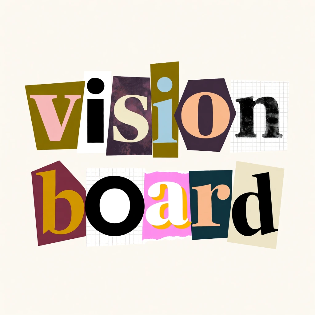 The words "vision board" are presented in a ransom-note style collage against a solid, off-white background. The top line spells out "vision" using six distinct, overlapping paper cutouts. The letter "V" is a soft pink sans-serif on an olive green trapezoidal shape; the "i" is a bold black lowercase letter on a white rectangular strip; the "S" is a cream-colored serif on a dark purple rectangle with a mottled texture; the second "i" is light blue on a tall, narrow olive green strip; the "O" is a peach-toned circle on a dark purple pentagonal shape; and the "N" is a distressed black serif on a white square with a fine grey grid pattern. Below this, the word "board" consists of five more cutouts. The lowercase "b" is yellow-gold on a maroon, irregularly shaped piece; the "o" is a white circle within a larger black circle, layered over a white grid paper square; the "a" is a white lowercase letter with a yellow shadow on a bright pink rectangle with torn edges; the "r" is a peach-colored serif on a dark teal rectangle; and the "d" is a black lowercase serif on a cream-colored rectangular scrap tilted slightly to the right. The overall composition is centered, featuring a variety of textures including paper grain, grid lines, and distressed ink, creating a handmade, decoupage aesthetic with a diverse color palette of muted earth tones and vibrant accents.