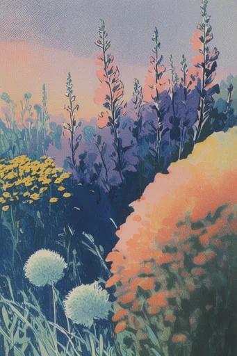Ethereal Alpine Lithography style reference image — mid-century printmaking