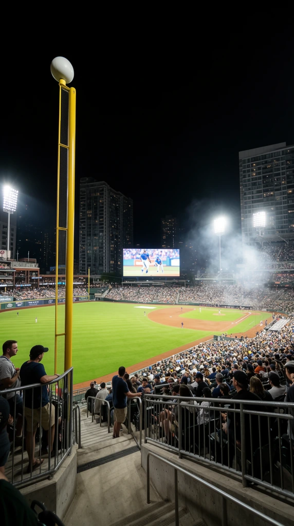 A wide-angle nighttime shot overlooks a brightly lit urban baseball stadium packed with spectators. The vibrant green outfield and brown dirt infield are sharply illuminated by towering light banks, with a hazy plume of smoke catching the bright glare on the right. A tall yellow foul pole topped with a white sphere anchors the left foreground, standing near fans leaning on metal railings and concrete stairs. A large glowing digital screen displays athletes in the distance, entirely framed by a pitch-black night sky and the illuminated architecture of modern city high-rises bordering the stadium perimeter.