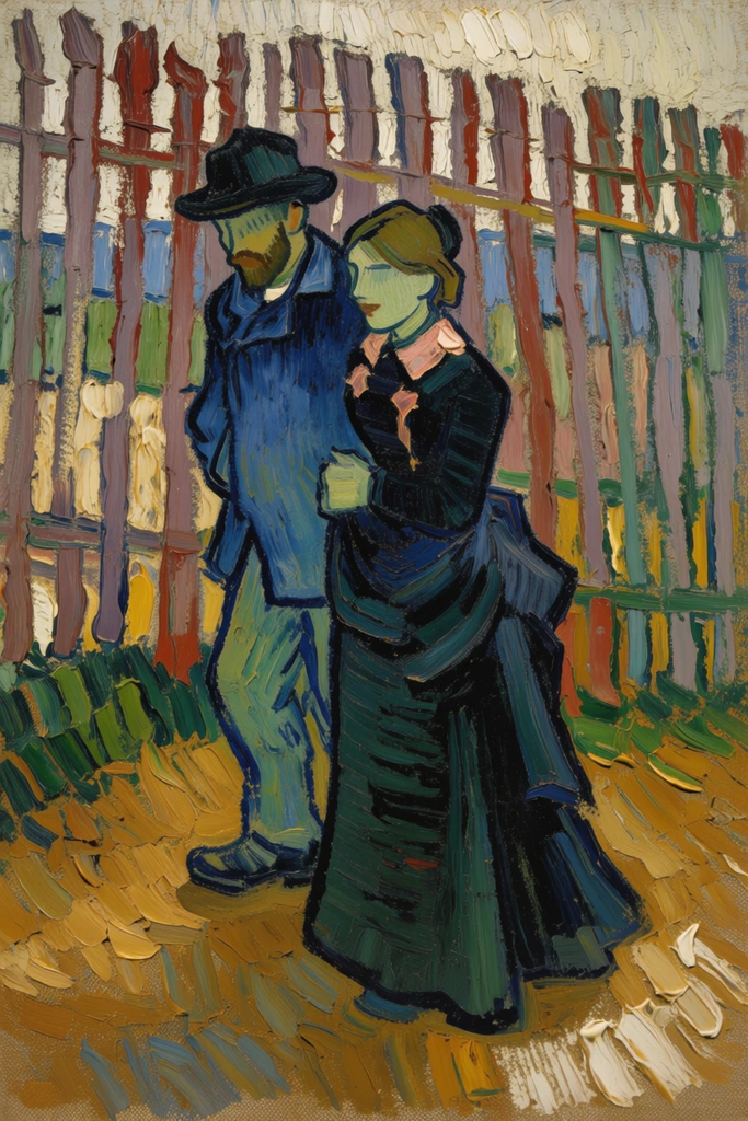 post-impressionist oil painting of a couple walking, man in a dark hat and thick blue coat, woman in a long dark dress with pink collar accents, standing on textured ochre ground, tall rustic fence of irregular vertical wooden slats filling the background, fence painted in alternating muted purples and reds and greens, heavy impasto technique, thick expressive directional brushstrokes, 19th-century attire, earthy color palette, raw canvas texture, dynamic painterly style