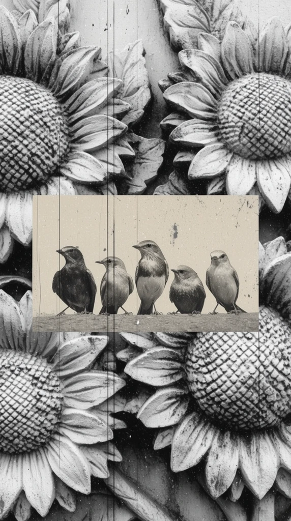 A monochromatic surreal collage features a central rectangular photographic inset of five birds superimposed over a high-relief background of carved stone sunflowers. The five birds sit within the flat, vintage-toned central panel. Flanking the inset, large sculpted sunflowers exhibit deep shadows and thick carved textures. The artwork utilizes a strict black-and-white palette with heavy distressed effects, including prominent vertical film scratches, grain, and dust spots. The layered composition sharply contrasts the two-dimensional bird photograph with the three-dimensional, high-contrast sculpted floral elements.