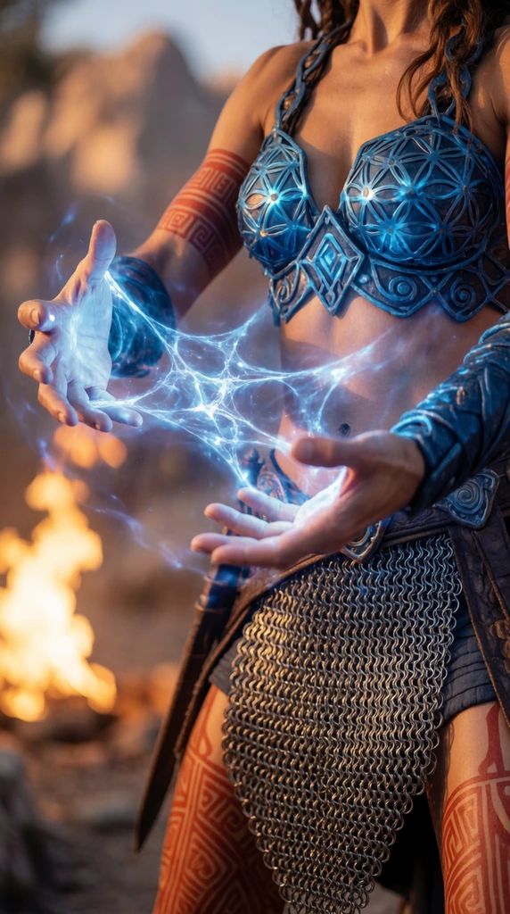 Warrior torso and arms casting magic, glowing blue web-like energy suspended between open palms, intricate blue geometric breastplate, chainmail skirt, red arm tattoos, blue gauntlets, warm cinematic lighting, blurred background flames, shallow depth of field, fantasy film aesthetic