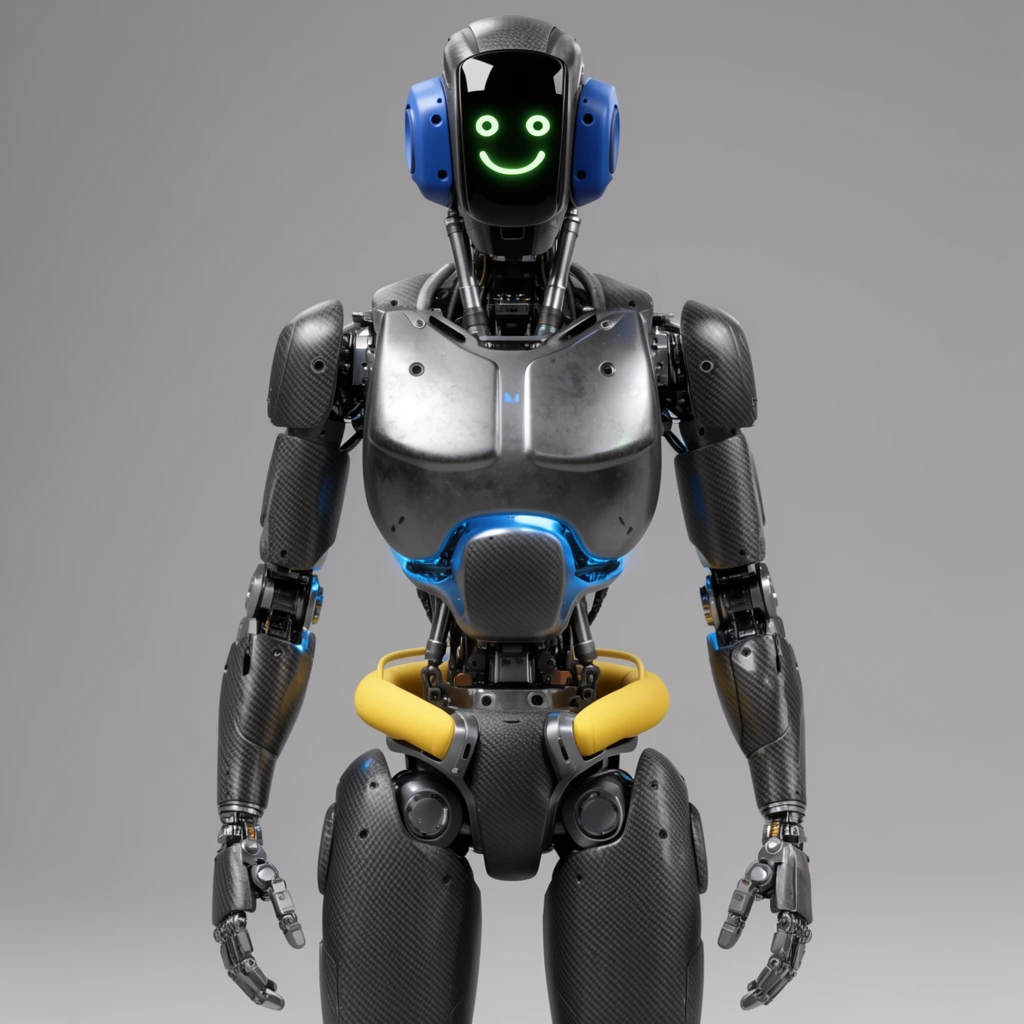 Detailed humanoid robot, dark grey carbon fiber plating, blue side sensor housings on head, central black visor with glowing green minimalist smiley face, exposed neck pistons, matte metallic chest armor, blue under-glow, yellow tubular waist guard, textured thigh plates, articulated mechanical fingers, neutral grey studio background, photorealistic hard-surface 3D render, sharp focus, diffuse lighting
