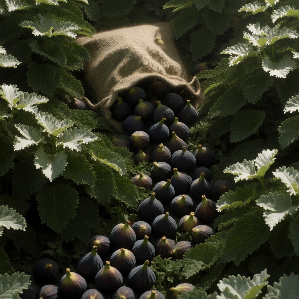 bird’s-eye overhead perspective, a tactile woven burlap sack resting on a dense bed of serrated deep green foliage, a torrent of ripe dark purple figs cascading out in a winding path, soft diffused zenithal lighting, desaturated yet rich palette, high-signal organic textures, velvety fruit skins, matte fabric grain, lush botanical density, serene dreamlike atmosphere, fine cinematic film grain, precise depth of field, organized organic chaos.