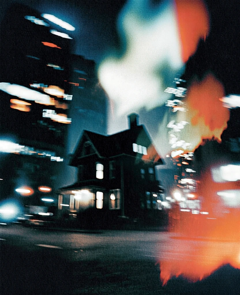 victorian-style house nestled between towering dark city buildings, gritty cinematic lo-fi aesthetic, heavy film grain, motion blur, double exposure effect with a massive glowing teal and fiery orange light leak, high contrast shadows, distorted white glowing windows, blurred urban street lights in the background, out of focus textures, eerie atmospheric glow, deep blue and vibrant amber color palette, experimental analog photography, low-fidelity street noir aesthetic.