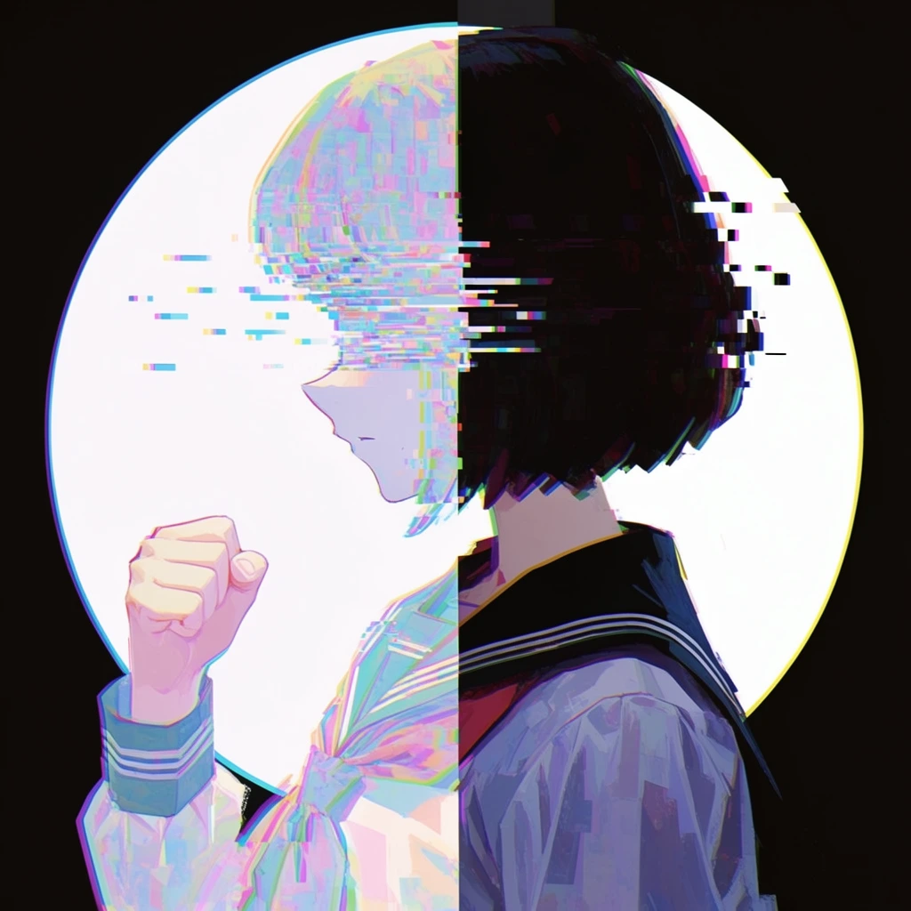 profile of a girl in a pleated sailor uniform with a clenched fist, heavy digital glitch art style, horizontal pixelated distortion across the face, vertical split composition, left half of figure in light pastel inversion, right half in dark shadow, large white geometric circle background, black and white split environment, cyan and magenta chromatic aberration