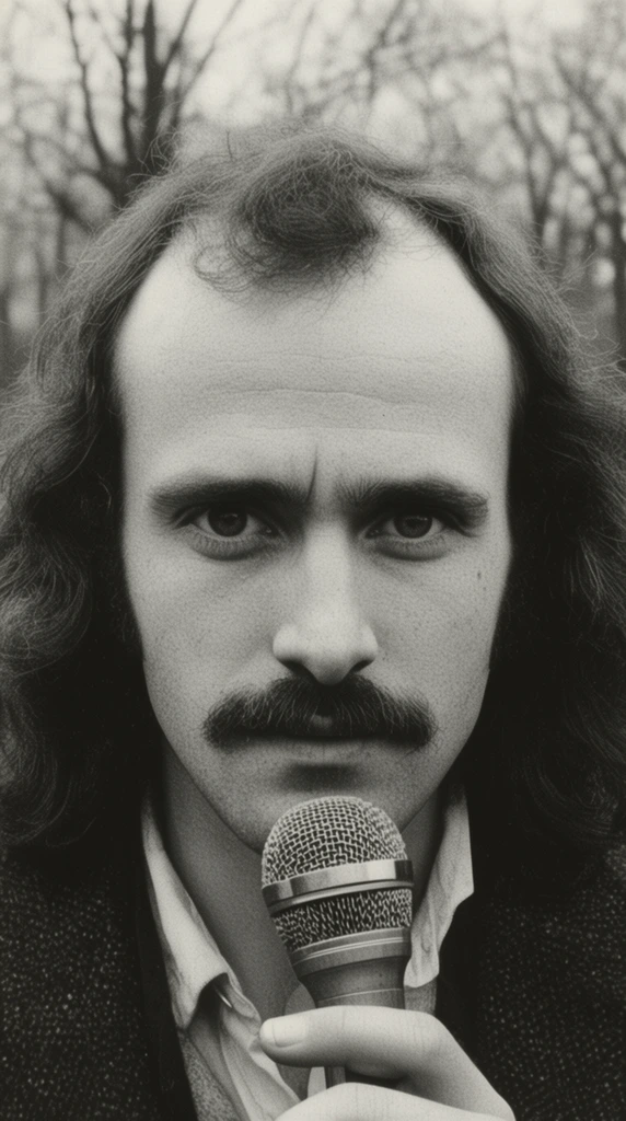 Vintage black and white close-up portrait of a man with a dark mustache, receding hairline, and long wavy hair gazing intensely forward. He wears a textured dark jacket and light collared shirt, holding a microphone near his chin. Soft diffused light illuminates his face against a shallow-focus backdrop of bare tree branches, featuring a grainy film aesthetic.