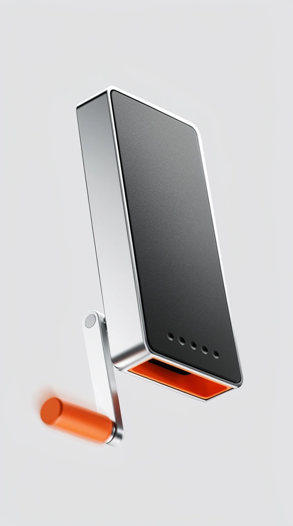 A sleek rectangular industrial device floats angled against a seamless light grey background. The minimalist object features a polished silver metallic frame enclosing a dark charcoal textured front panel with five small circular indicator divots near the base. A vibrant orange recess glows slightly at the bottom edge. Extending from the lower left is an L-shaped silver crank arm ending in a cylindrical orange handle that exhibits subtle motion blur. The pristine 3D product render uses soft studio lighting to emphasize the smooth reflections, clean geometric lines, and striking silver, matte black, and neon orange color palette.