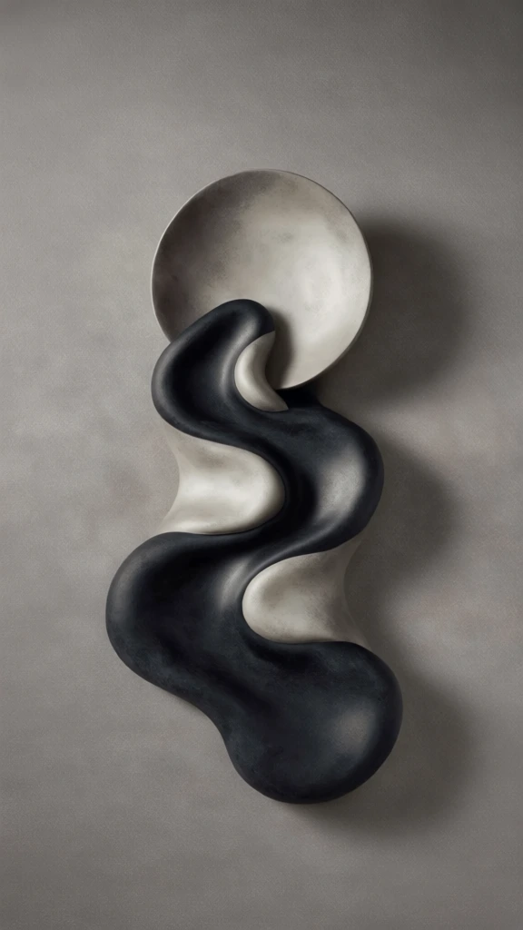 minimalist sculptural composition, matte stony textures, organic circular sun disc at the top center, thick fluid river channel winding downwards from its base, brutalist concrete aesthetic, monochromatic palette of charcoal and bone white, top-down soft directional lighting, deep soft drop shadows, tactile surfaces with subtle porous grain, high-end editorial photography style, centered overhead view, matching gray concrete backdrop, clean lines meeting soft organic curves