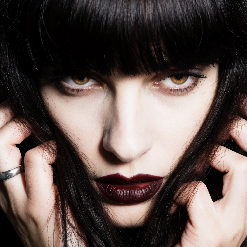 extreme close-up portrait of a pale woman, thick dark hair with heavy straight bangs, intense amber eyes gazing down, dark burgundy lipstick, hands gently pulling strands of hair around the face, silver ring on finger, dramatic studio lighting, sharp focus on eyes and lips, shallow depth of field, edgy fashion editorial photography