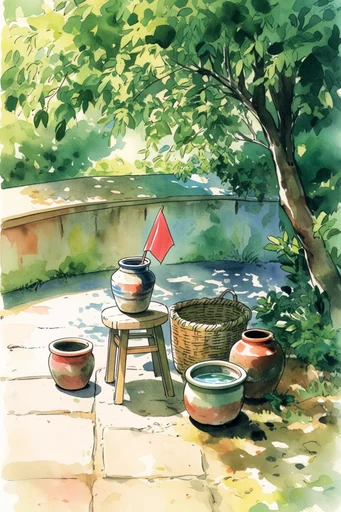 Luminous Nostalgic Anime style reference image — watercolor and colored pencil texture