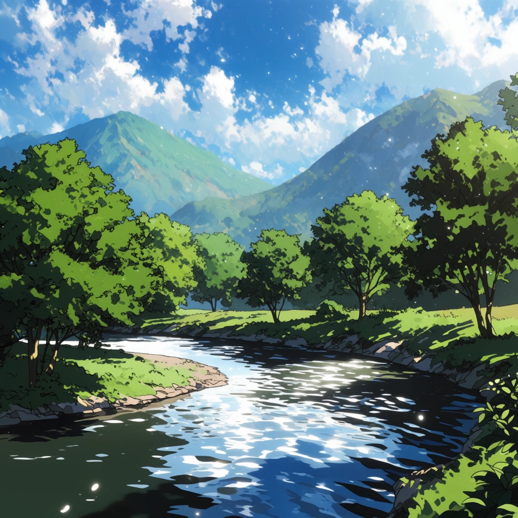 A winding river curves dynamically through a landscape of lush trees and towering mountains, rendered in a crisp, high-fidelity 2D anime illustration style. The river's surface features stark, high-contrast cel-shaded ripples and bright highlights reflecting a vibrant cerulean blue sky filled with textured, painted white clouds. The surrounding trees are densely clustered with vibrant emerald green foliage, defined by sharp black line art and distinct, hard-edged shadow shapes typical of traditional cel shading. In the background, majestic mountains rise with atmospheric perspective, their forms softening into lighter pastel blues and greens. Strong, directional sunlight illuminates the scene, casting dramatic, crisp shadows across the entire landscape. Small, luminous white particulates float throughout the bright air, enhancing the atmospheric depth. The overall aesthetic combines ultra-sharp foreground line work with a softer, painterly approach to the distant elements, achieving the rich visual depth of premium animation backgrounds.