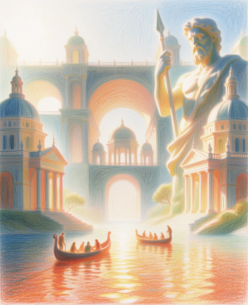 massive city arches and neoclassical domes flanking a shimmering waterfront, a colossal statue of a man with a spear looming on the right, two delicate boats drifting below, rendered in a soft-focus colored pencil medium with visible paper grain, ethereal hazy atmosphere, high-key palette of glowing apricot oranges and atmospheric teal-blues, impressionistic stippled textures, soft backlit halation, dreamlike nostalgic quality, forms defined by light and value rather than lines.