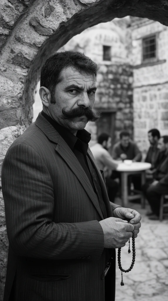 Black and white portrait of a man with a prominent handlebar mustache and intense gaze, wearing a pinstripe suit jacket and dark shirt, holding prayer beads in his hands, standing beside a rough-hewn stone archway, shallow depth of field, out-of-focus background showing men sitting around a small table in a stone courtyard, traditional architecture, high contrast monochrome photography, dramatic natural lighting, sharp foreground focus, documentary style