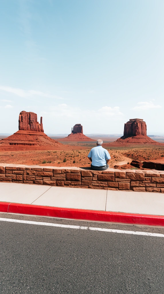 An older man in a light blue shirt sits on a low stone wall overlooking a vast desert landscape with three massive red sandstone buttes. An asphalt road with a red-painted curb spans the foreground. The wide-angle photography contrasts the solitary human figure and roadside infrastructure against the majestic geological formations under a pale blue sky in bright daylight.