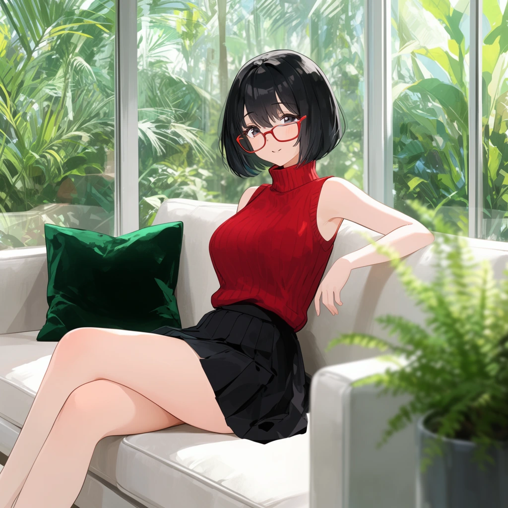 anime-style illustration of a young woman with a short black bob, sitting on a modern white sofa, wearing a red sleeveless turtleneck sweater and a pleated black skirt, red-rimmed glasses, soft relaxed expression, bright sunlit conservatory setting, large floor-to-ceiling windows showing lush tropical greenery, deep green velvet throw pillow, blurred potted fern in the right foreground, soft shading, dynamic daylight, bright color palette, 2D digital art