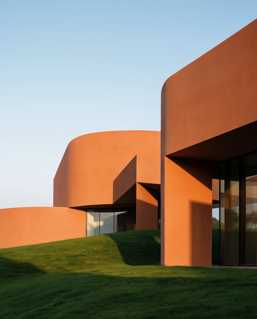 modern minimalist architecture, warm terracotta walls, curved geometric planes, large glass windows, sharp deep shadows from golden hour sunlight, rolling green grassy hill, clear pale blue sky, clean lines, architectural photography
