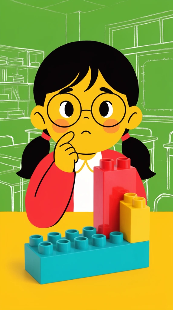 stylized 2D vector illustration of a thinking young girl, yellow skin, black pigtails, round glasses, red cardigan, finger on cheek, realistic 3D structure of colorful interlocking plastic building blocks in foreground, turquoise beam, red and yellow columns, flat vibrant green and yellow background, white line-art sketches of classroom shelves and tables, mixed media blending flat character with dimensional objects, bright primary colors