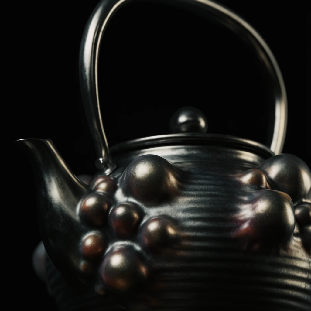 dark metallic teapot close-up, surreal blister-like organic protrusions swelling from ridged surface, arched handle, black background, low-key lighting, soft highlights, macro perspective