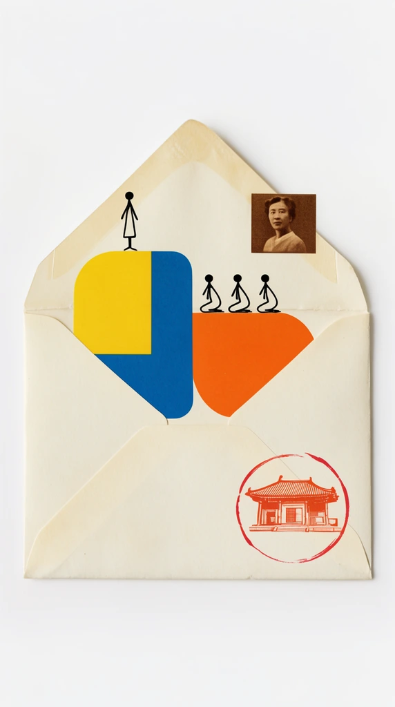 flat lay photography of an open cream-colored envelope on a solid white surface, mid-century modern geometric graphics, overlapping solid yellow, blue, and orange abstract blocks, tiny black stick-figures of one standing and three kneeling atop the shapes, small brown rectangular portrait vignette, circular red ink graphic featuring a traditional building, minimalist vintage ephemera aesthetic, flat colors, crisp even studio lighting
