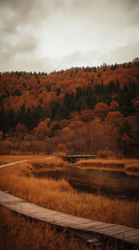 A wooden boardwalk winds through tall, dry golden grass toward a still pond reflecting an expansive autumn forest. The dense woodland covers a rolling hillside, displaying a vibrant tapestry of rust-orange deciduous foliage and dark green conifers. A small wooden bridge spans the wetland in the middle distance. Soft, pale gray clouds fill the overcast sky, casting moody, diffused light across the wide-angle landscape photograph. The cinematic composition features a rich palette of earthy amber, sepia, and deep green tones, capturing the serene atmospheric chill of a remote seasonal wetland.