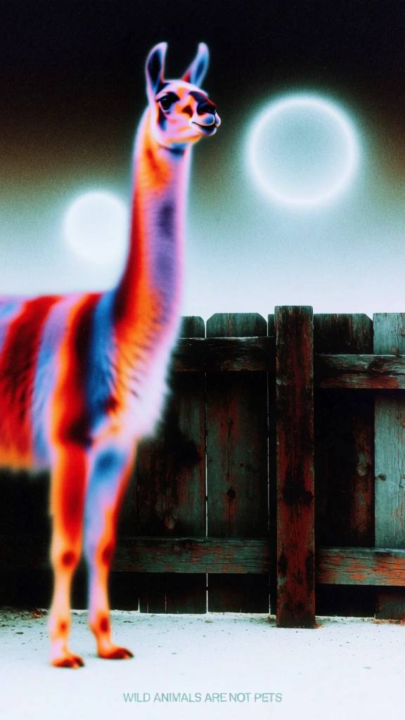 surrealist long-necked animal with bold vertical stripes by a weathered wooden fence, high-saturation thermal color grade with vibrant neon oranges and intense reds, soft cyan and violet gradients, heavy analog film grain, aura photography aesthetic, large glowing celestial halos, dreamy soft-focus blur, high-contrast infrared look, psychedelic atmosphere, minimalist composition, overexposed white ground, subtle chromatic aberration, ethereal lo-fi texture.