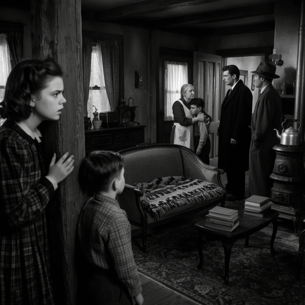 A tense, cinematic black-and-white scene where a young woman and boy hide behind a foreground wooden beam, anxiously watching a confrontation in a rustic parlor. The girl, wearing a dark plaid dress, grips the post beside the boy seen from behind. In the deep-focus background near an open doorway, an apron-clad older woman protectively embraces another boy, facing a tall man in a dark overcoat and a second man in a fedora. The vintage room features a curved-back settee with a patterned blanket, a cast-iron stove topped with a kettle, and a table holding stacked books. High-contrast lighting and deep staging emphasize the dramatic 1940s aesthetic.