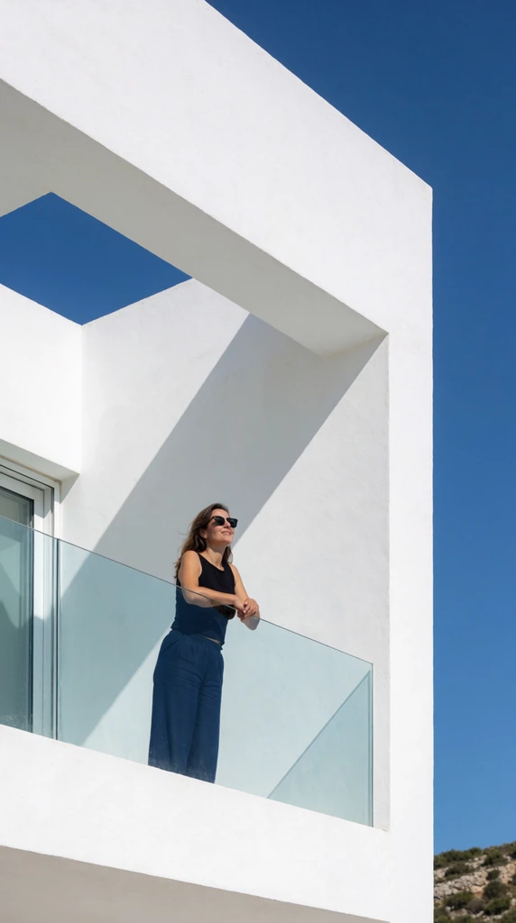 A woman leans on the clear glass railing of a stark white modernist balcony against a vibrant blue sky. She wears dark sunglasses, a black sleeveless top, and long dark blue pants, looking peacefully into the distance. The building features clean, boxy geometric architecture with smooth white walls that cast deep, sharp diagonal shadows in the bright sunlight. Shot from a low angle, the composition highlights the contrast between the rigid architectural lines and the open sky. A tiny patch of rocky, vegetated hillside appears in the bottom right corner, completing this crisp, airy architectural photograph.