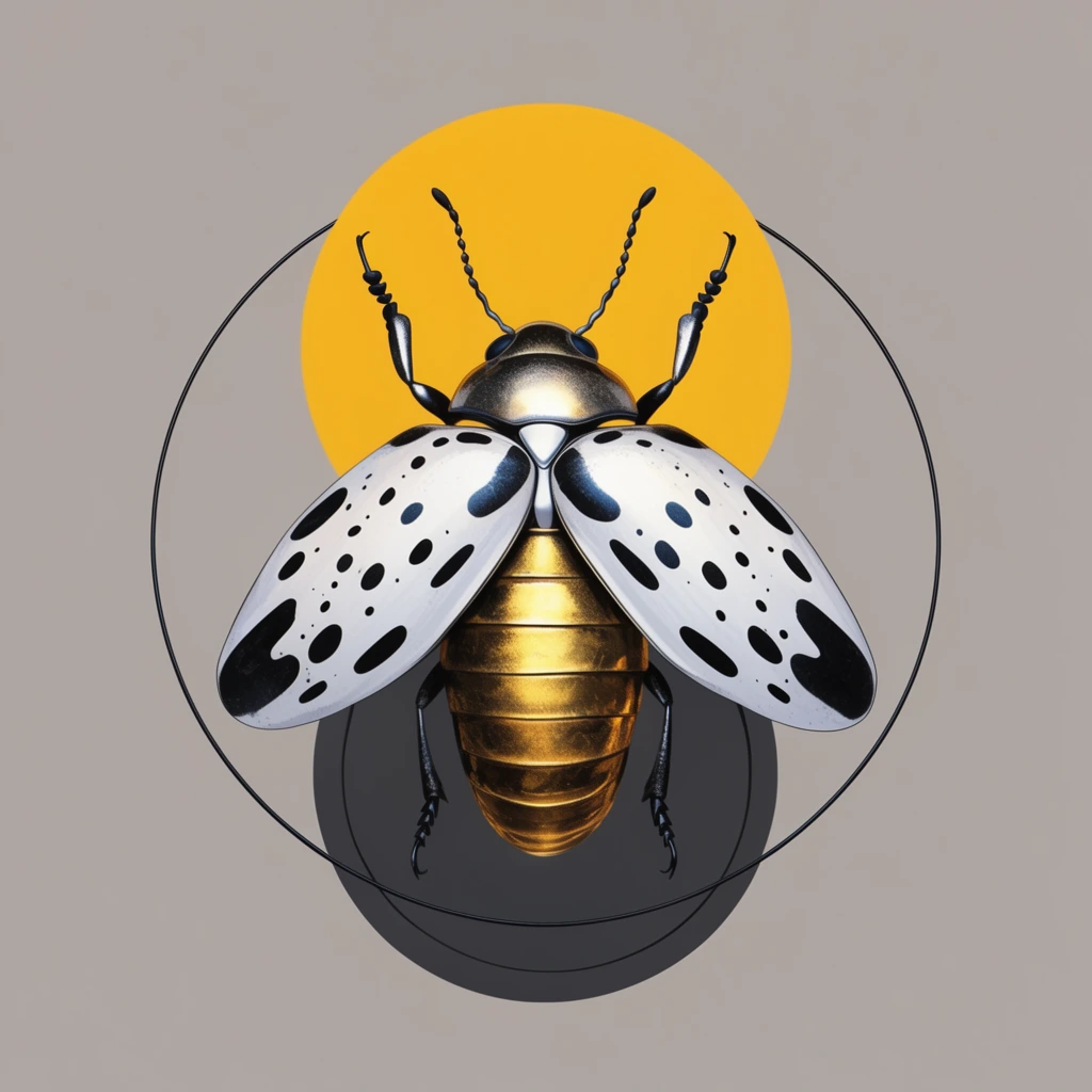 stylized metallic beetle with white and black-spotted wings, golden segmented abdomen, centered geometric composition, solid yellow circle behind head, thin black wireframe ring, dark gray circular base, flat neutral gray background, minimalist graphic illustration