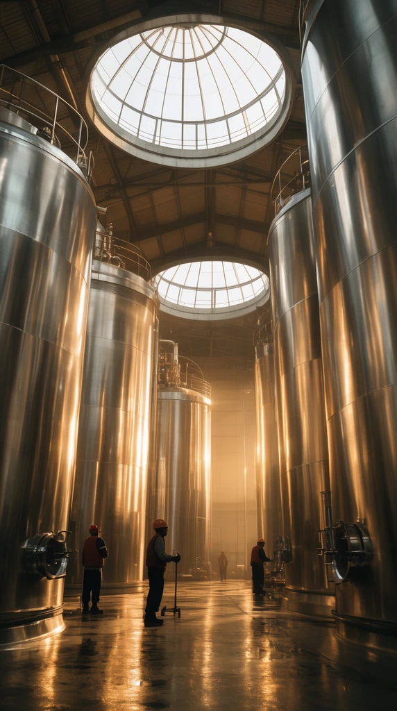 Massive stainless steel tanks in an industrial hall, reflective surfaces, warm volumetric sunlight from circular skylights, small workers, polished floor