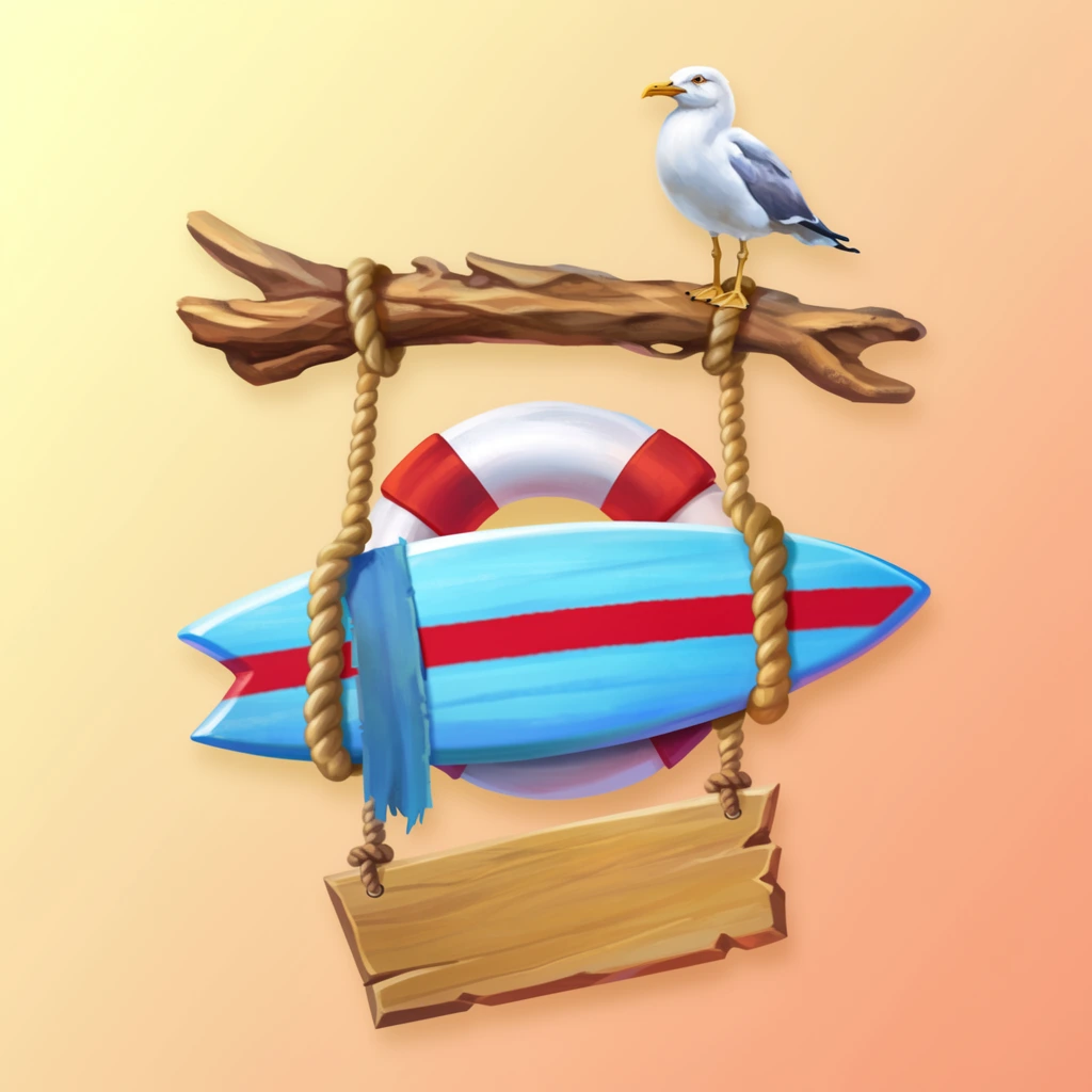 A hanging nautical decorative assembly featuring a seagull perched on driftwood above a suspended blue surfboard. The white and grey seagull stands on the right side of a horizontal, textured brown driftwood branch. Thick, twisted tan ropes drop from the branch to support a light blue swallowtail surfboard detailed with a bold horizontal red stripe. A circular red and white segmented life ring sits directly behind the center of the surfboard. An angled, jagged rectangular wooden plank hangs beneath the surfboard via small rope loops, with a frayed blue fabric strip accenting the upper left rope. This vibrant digital illustration features soft painterly textures and bright coastal colors, isolated centrally against a smooth gradient transitioning from pale yellow to warm peach.