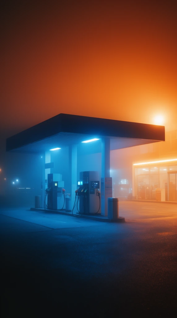 A fog-shrouded gas station at night lit by stark cyan and orange lights. Vibrant blue illumination bathes fuel pumps beneath a dark canopy. Warm amber light from a background building bleeds into the thick orange mist above, creating a cinematic scene with intense color contrast.