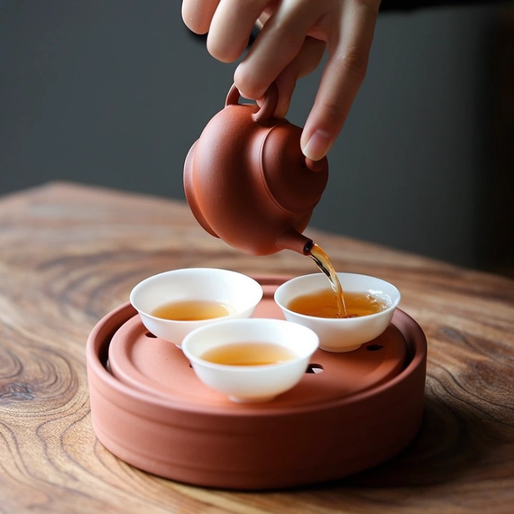 A hand pours golden tea from a small matte terracotta teapot into three white porcelain cups arranged on a matching circular clay drainage tray. The hand grips the curved handle, index finger resting on the rounded lid. A smooth arc of amber liquid flows from the short spout into the furthest shallow cup. The setup rests on a wooden table with pronounced swirling grain patterns against a blurred dark grey background. Shot in close-up macro photography with a shallow depth of field, sharp focus on the pouring liquid and teapot. Soft, directional natural light from the left highlights the unglazed reddish-brown clay, glossy porcelain, and falling tea, emphasizing an earthy, warm palette of terracotta, amber, and rich wood tones.