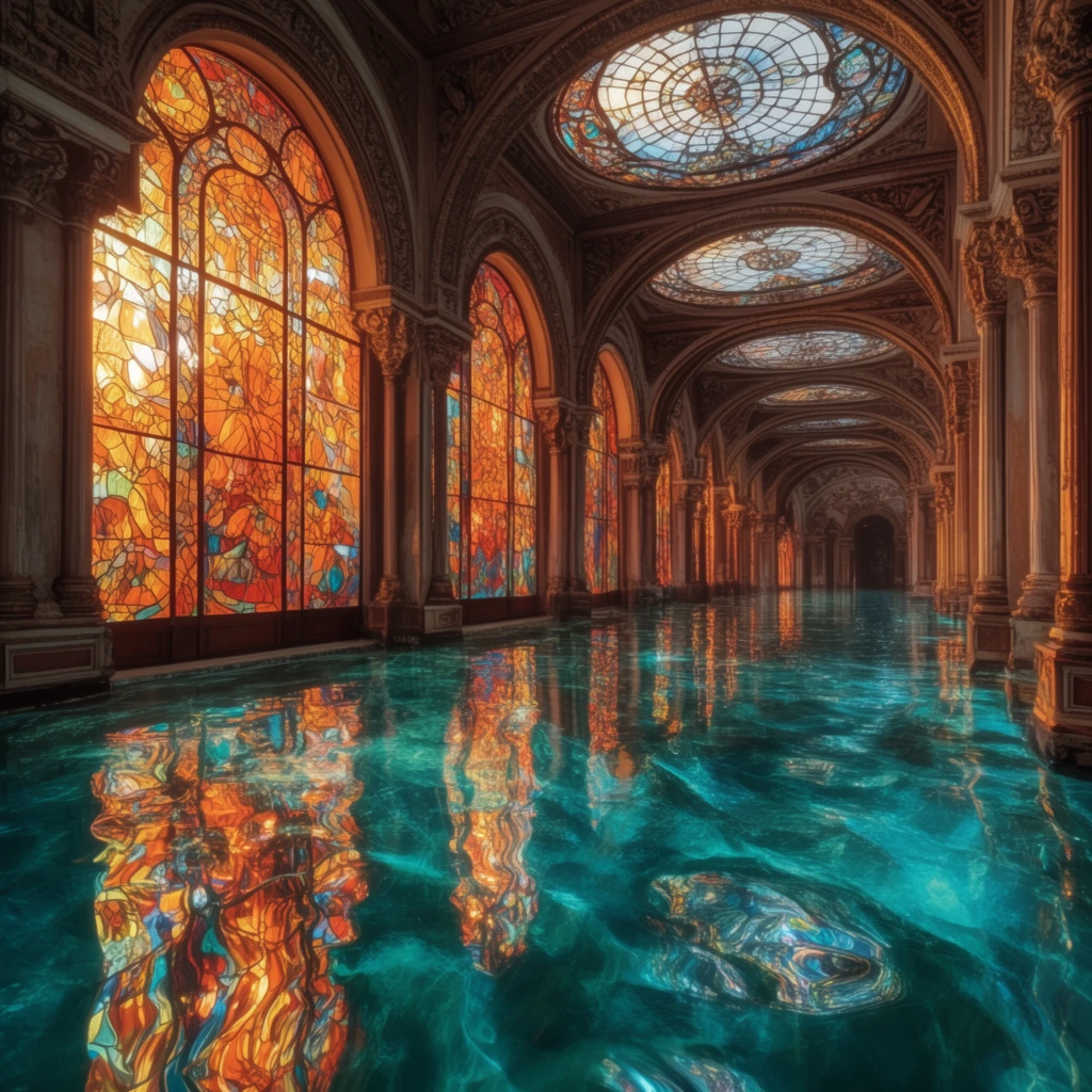grand classical hallway flooded with vibrant teal water, one-point perspective down an opulent arched corridor, highly reflective rippling aquamarine floor, large arched stained glass windows radiating warm amber and gold light, intricate glass skylights, repeating ornate columns, distorted mirror reflections of colorful stained glass on the water surface, hyper-realistic fantasy architecture, fiery orange and deep cyan palette