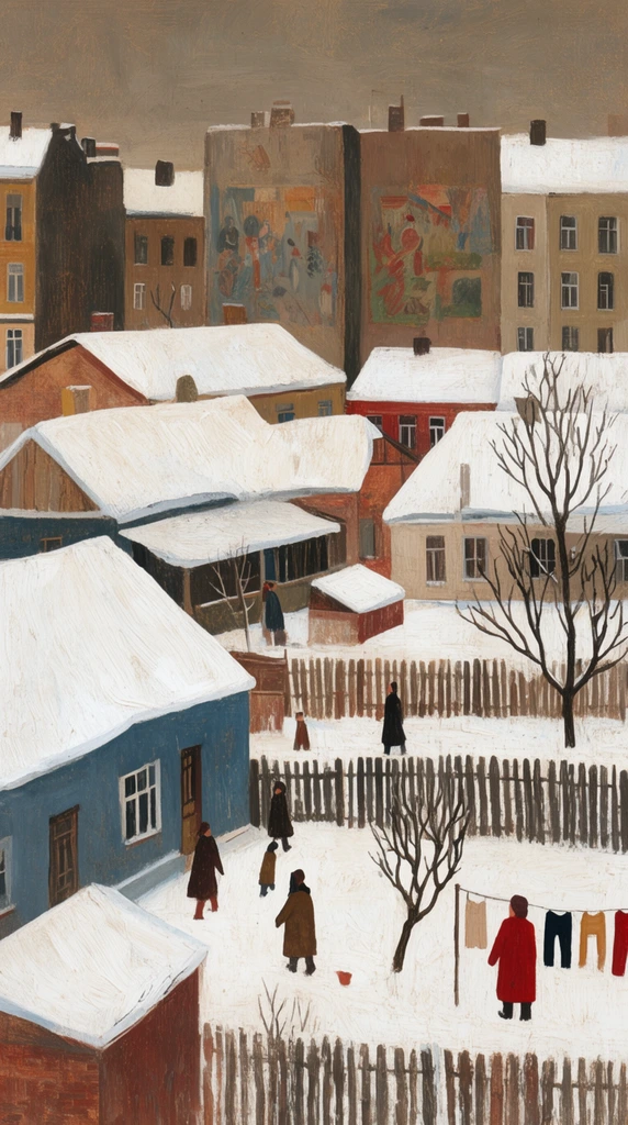 densely packed winter townscape painting, thick snow-covered pitched roofs, muted earthy palette with patches of slate blue and crimson, flat geometric perspective, small figures walking through snow-filled yards, figure in a red coat near a clothesline, wooden picket fences, barren spindly trees, tall blocky background buildings with faded murals, overcast grey-brown sky, textured canvas, naive folk art aesthetic