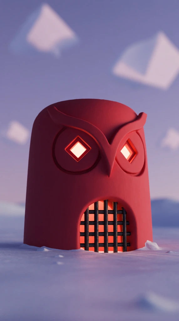 A 3D-rendered matte crimson cylindrical dwelling carved with a stylized owl motif, featuring glowing diamond-shaped window eyes and an iron portcullis mouth. The smooth, clay-like structure rests on a minimalist snow-covered tundra under a soft twilight purple sky dotted with blurred angular clouds. Cinematic lighting and a shallow depth of field emphasize the clean geometric shapes and matte textures.