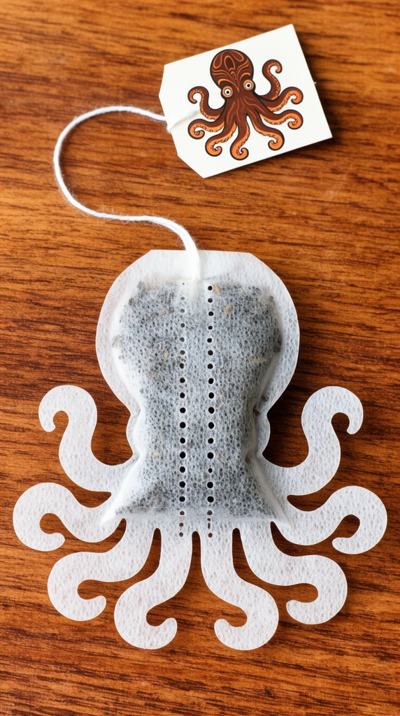 white porous fabric tea bag shaped like an octopus, dark tea leaves visible through the semi-translucent bulbous mantle, vertical rows of punctured dots down the center, eight undulating cut-out tentacles fanning outward, attached white string leading to a paper tag illustrated with a stylized brown and orange octopus, resting on a warm brown wooden table, prominent wood grain, top-down flat lay photography, bright even lighting
