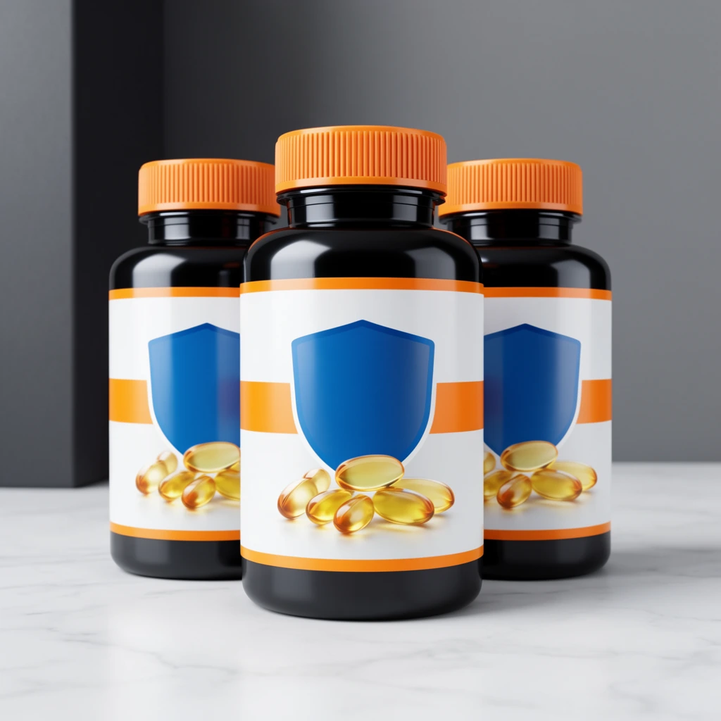 Three glossy black plastic bottles with ridged orange caps stand clustered on a subtly veined white marble surface. The central foreground bottle is flanked by two identical partially obscured bottles. Their white labels feature thick orange horizontal bands, a central blue shield graphic, and an illustration of translucent golden-yellow softgel capsules. Diffused studio lighting casts sharp vertical highlights across the curved dark plastic. The background transitions from a dark grey architectural block on the left to a smooth medium-grey surface on the right, creating a clean, high-contrast modern product photography composition.