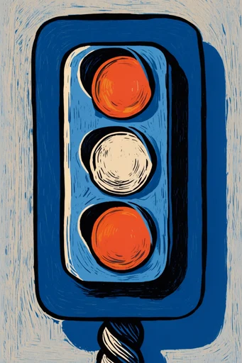 Graphic Woodcut Modernism style reference image — cobalt and terracotta palette