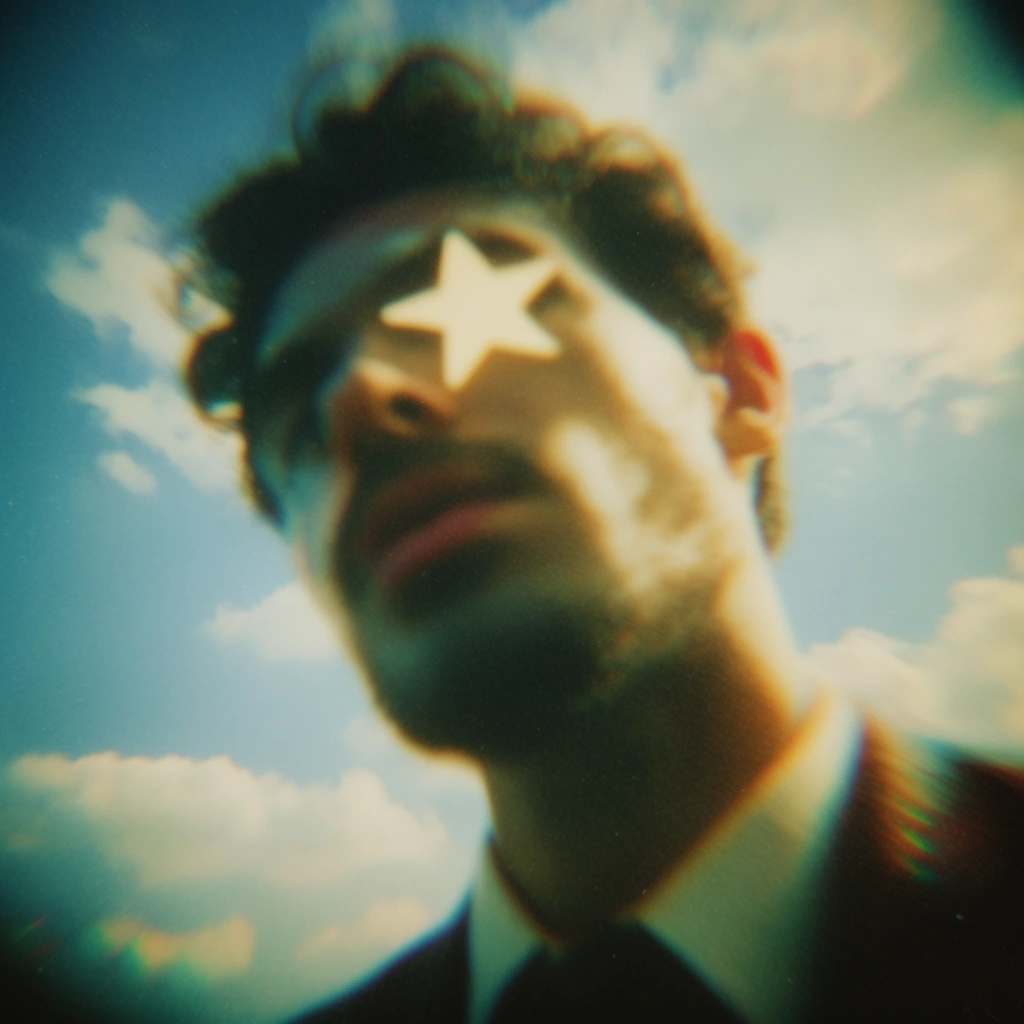 A man with a star over his left eye framed from an extreme low-angle perspective against a partly cloudy sky. The stylized image mimics vintage film with heavy motion blur, soft focus, and radial lens distortion warping the edges. The color grading features cross-processed cyan and yellow tones, deep teal shadows, and warm golden highlights. Heavy film grain, chromatic aberration, and a hazy atmospheric glow complete the dreamlike, surreal aesthetic.