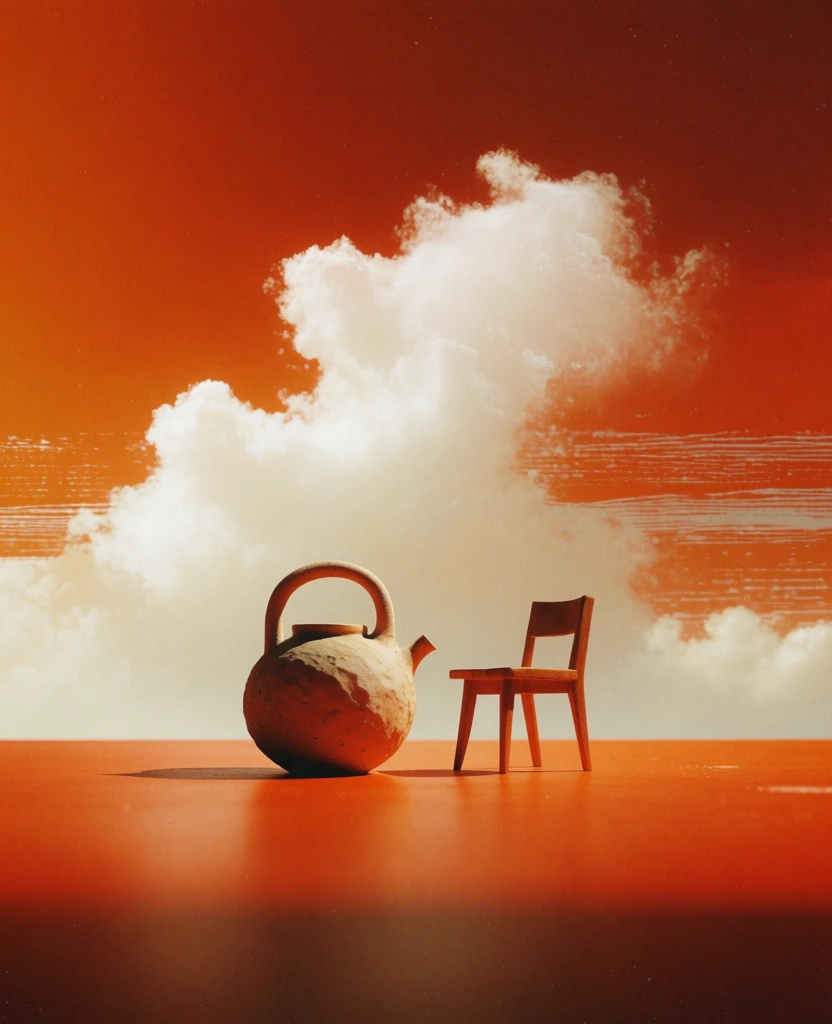 minimalist surrealist composition, textured ceramic vessel with a handle beside a simple wooden chair, set on a smooth monochromatic orange foreground, backdropped by massive ethereal white clouds and a deep saturated orange sky with horizontal painterly textures, high contrast warm lighting, cinematic atmosphere, tiny subject scale to evoke a sense of isolation, grainy film aesthetic, soft diffused highlights, rich vibrant burnt sienna and cream color palette.